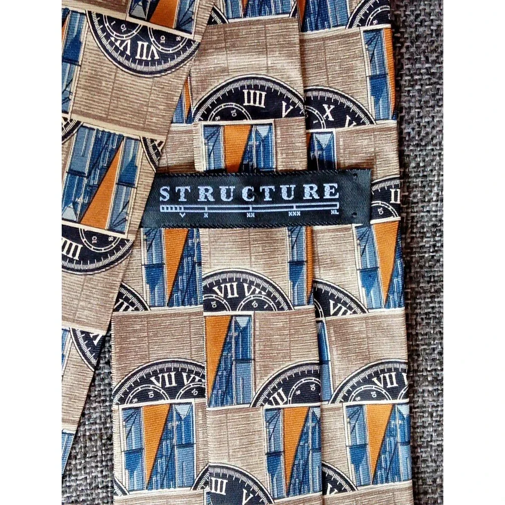 Tie 70s 80s 90s Y2K Mens Structure Silk Brown Blue Beige Tan 3.75 Wide 59 Long